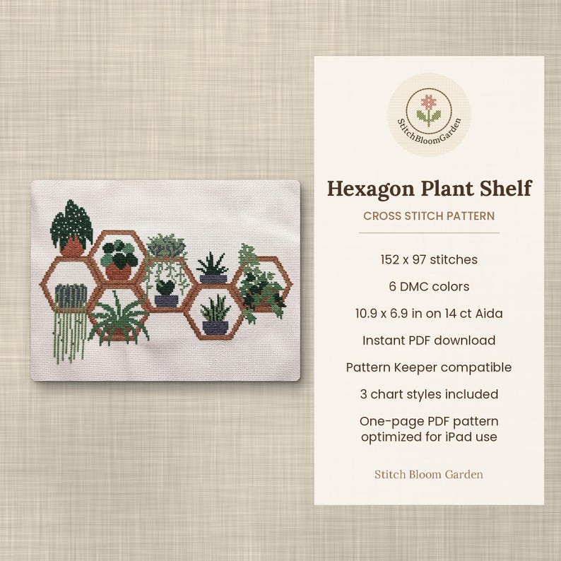 May include: A cross stitch pattern titled Hexagon Plant Shelf by Stitch Bloom Garden. The design features brown hexagonal shelves holding various green potted plants. Text includes 152 x 97 stitches, 6 DMC colors, and 10.9 x 6.9 in on 14 ct Aida.