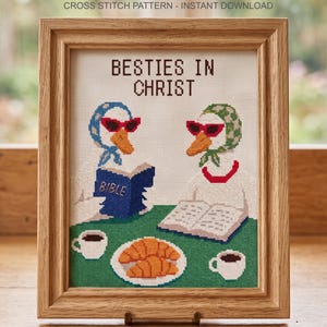 May include: Cross-stitch pattern in a wooden frame featuring two geese wearing sunglasses and headscarves, reading books. The text "BESTIES IN CHRIST" is above the geese. A plate of croissants and two cups of coffee are on a green table.