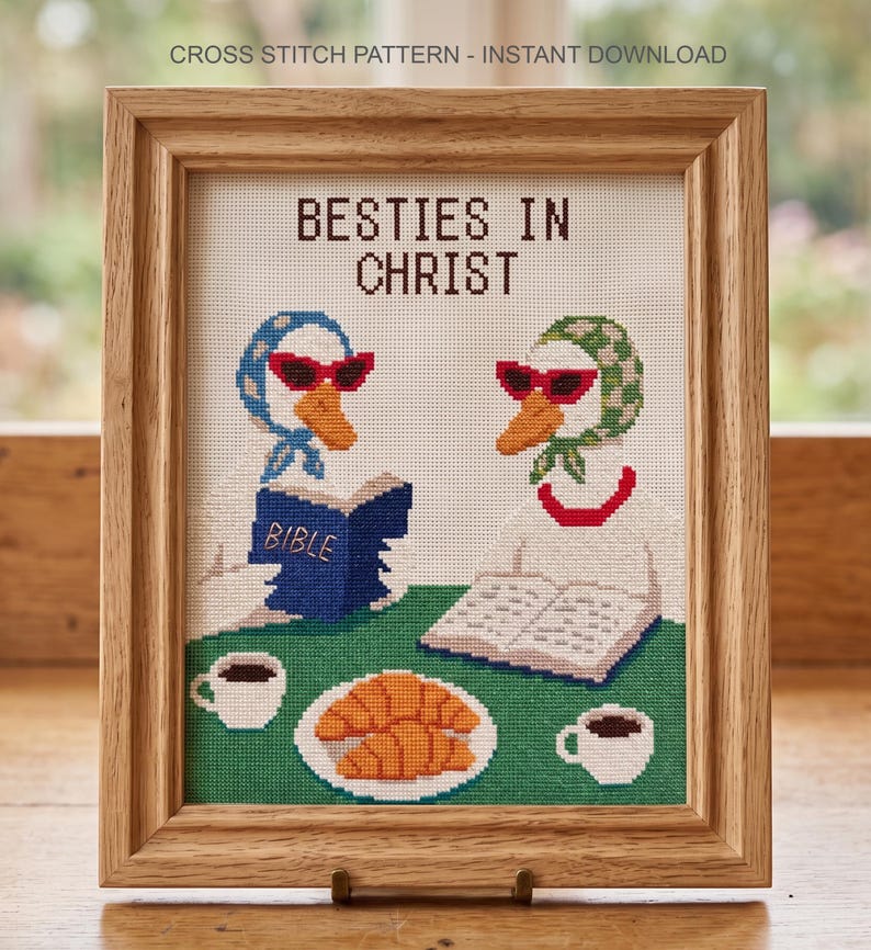 May include: Cross-stitch pattern in a wooden frame featuring two geese wearing sunglasses and headscarves, reading books. The text "BESTIES IN CHRIST" is above the geese. A plate of croissants and two cups of coffee are on a green table.