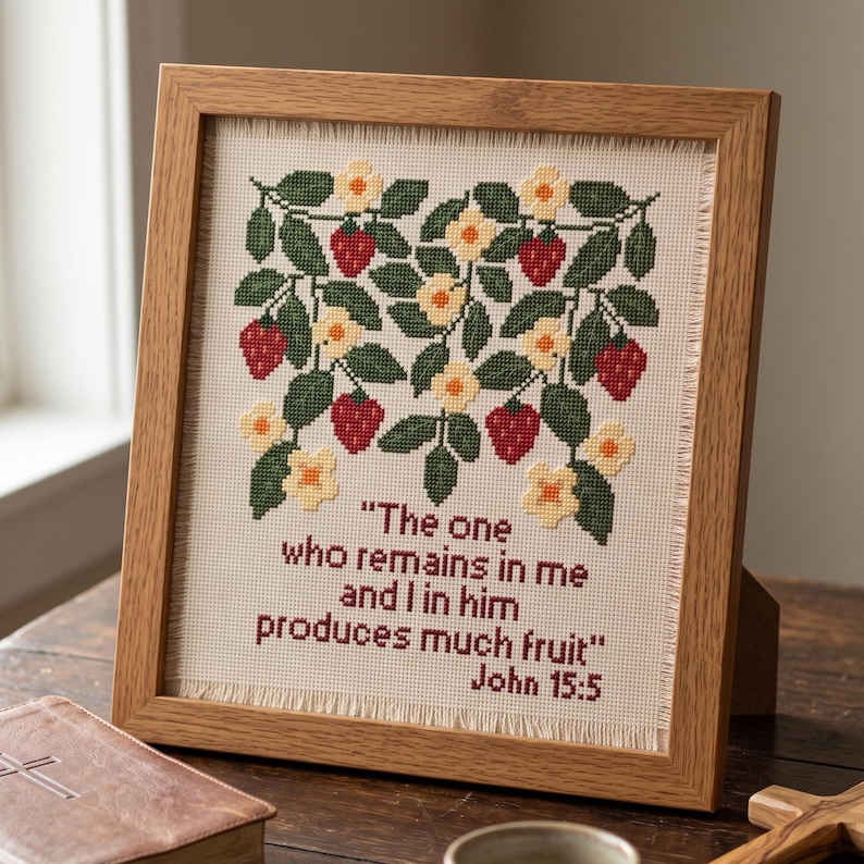 May include: A framed cross-stitch embroidery featuring a pattern of red strawberries, green leaves, and yellow flowers on cream fabric. The text reads: "The one who remains in me and I in him produces much fruit" John 15:5 in dark red lettering.