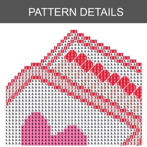 Puede incluir: Un gr&aacute;fico de patr&oacute;n de pintura de diamantes que presenta una cuadr&iacute;cula de cuadrados etiquetados con letras A y n&uacute;meros 1, 3, 4 y 5. El dise&ntilde;o incluye secciones de bloques rojos, rosas y blancos, con el texto PATTERN DETAILS en la parte superior.