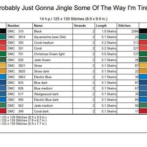 Może przedstawiać: Wykres wzoru haftu krzyżykowego z tekstem "Probably Just Gonna Jingle Some Of The Way I'm Tired". Wykres zawiera klucz kolor&oacute;w z numerami, nazwami i liczbą ścieg&oacute;w nici DMC. Wykres ma wymiary 22,6 x 25,1 cm.