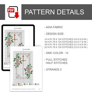 May include: A digital cross-stitch pattern titled You do not fear, featuring a sword surrounded by pink flowers and green vines. The document lists design sizes for 14, 16, 18, and 22 H.P.I. fabric, ranging from 14.2 x 22.6 cm to 8.9 x 14.2 cm.