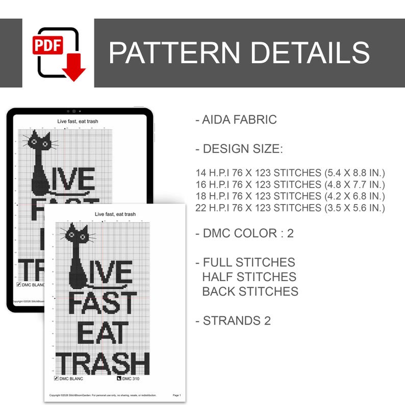 Black Cat-kruissteekpatroon, Live Fast Eat Trash, instant digitale download afbeelding 3