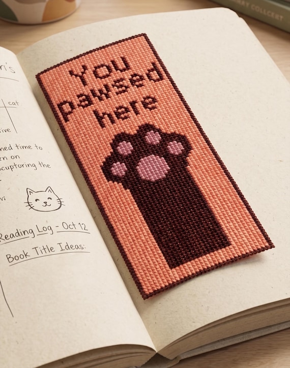 Cat Bookmark Cross Stitch Pattern, You Pawsed Here Needlepoint, Instant Download