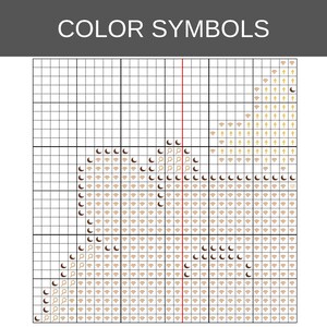 May include: A cross stitch pattern chart titled COLOR SYMBOLS featuring a grid layout. The design displays various symbols including crescent moons, magnifying glasses, wifi icons, and upward arrows in shades of brown and tan on a white background.