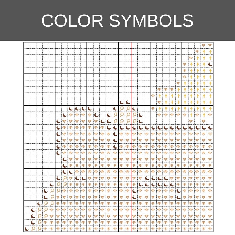May include: A cross stitch pattern chart titled COLOR SYMBOLS featuring a grid layout. The design displays various symbols including crescent moons, magnifying glasses, wifi icons, and upward arrows in shades of brown and tan on a white background.
