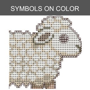 K&ouml;nnte beinhalten: Ein Kreuzstichmuster mit der &Uuml;berschrift SYMBOLS ON COLOR, das ein Gitter aus Symbolen wie Sternen, Pfeilen, Herzen und Quadraten zeigt, die die Form eines Schafes bilden. Das Design verwendet verschiedene dunkelbraune und beige T&ouml;ne auf wei&szlig;em Grund.