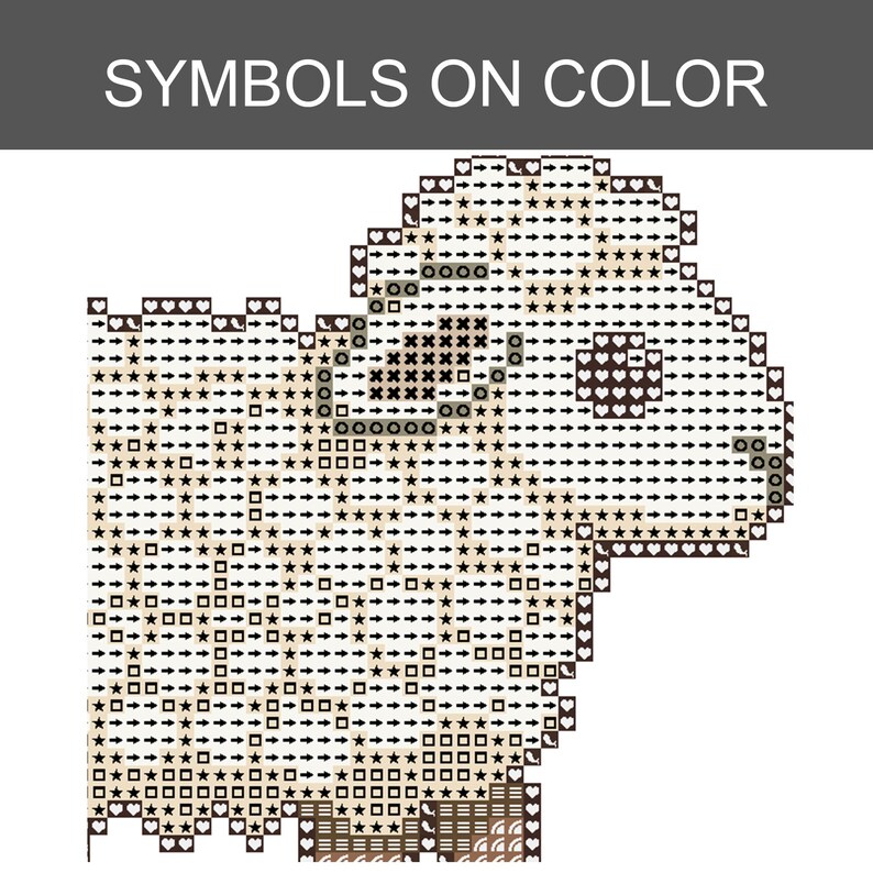 K&ouml;nnte beinhalten: Ein Kreuzstichmuster mit der &Uuml;berschrift SYMBOLS ON COLOR, das ein Gitter aus Symbolen wie Sternen, Pfeilen, Herzen und Quadraten zeigt, die die Form eines Schafes bilden. Das Design verwendet verschiedene dunkelbraune und beige T&ouml;ne auf wei&szlig;em Grund.
