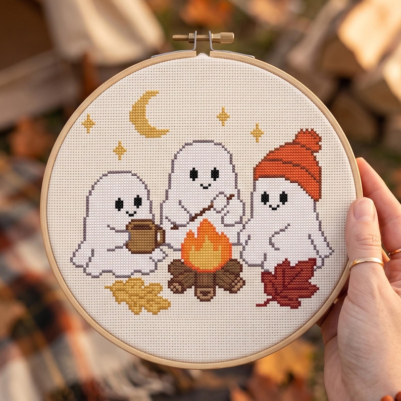 Spöken lägereld korsstygnsmönster, Rozing marshmallows höstnatt nålsticksdiagram, kuslig säsong mysig höstpyssel digital nedladdning bild 2