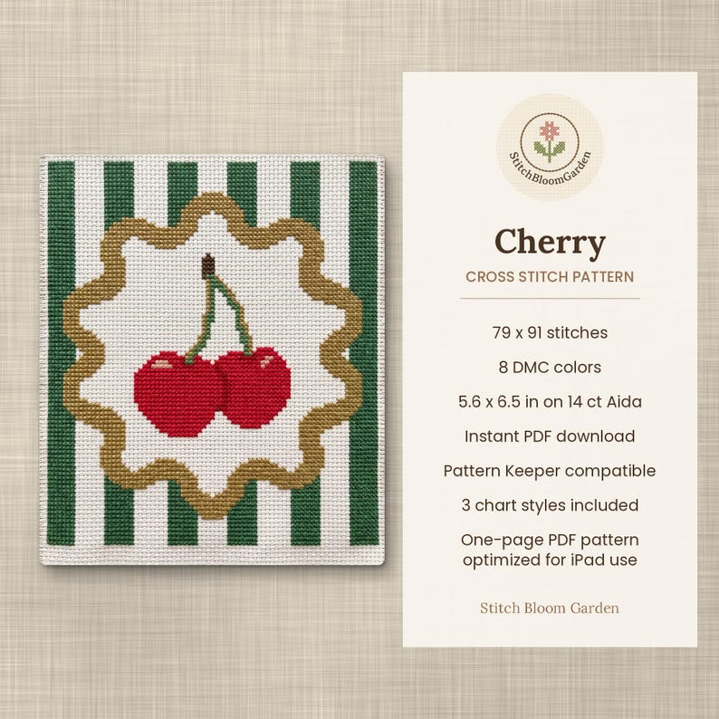 May include: A cross stitch pattern titled Cherry by Stitch Bloom Garden featuring two red cherries with green stems centred on a white background with a gold scalloped border, set against dark green and white vertical stripes, 79 x 91 stitches.