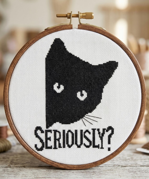 Funny Black Cat Cross Stitch Pattern, Instant Download PDF