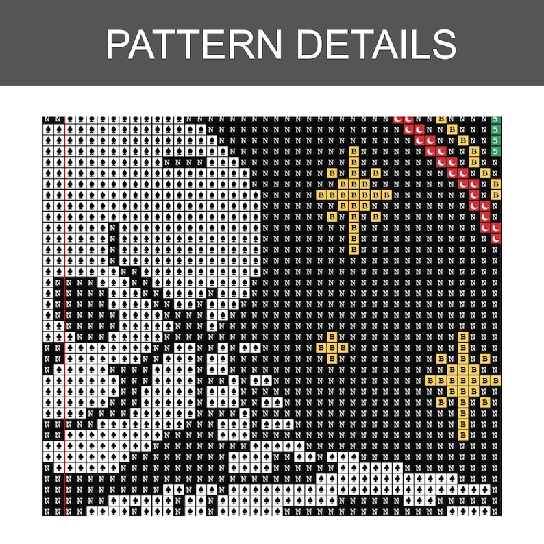 K&ouml;nnte beinhalten: Details eines Kreuzstichmusters mit einem schwarz-wei&szlig;en Design. Das Muster enth&auml;lt den Text "PATTERN DETAILS" oben. Das Design besteht aus kleinen Quadraten, jeweils mit einem Buchstaben oder Symbol.