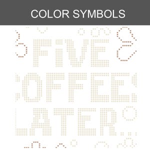 May include: A digital chart titled COLOR SYMBOLS featuring a grid of small star and heart icons arranged to form the text FIVE COFFEE LATER. The letters are composed of light-colored star symbols against a white background, with heart accents.