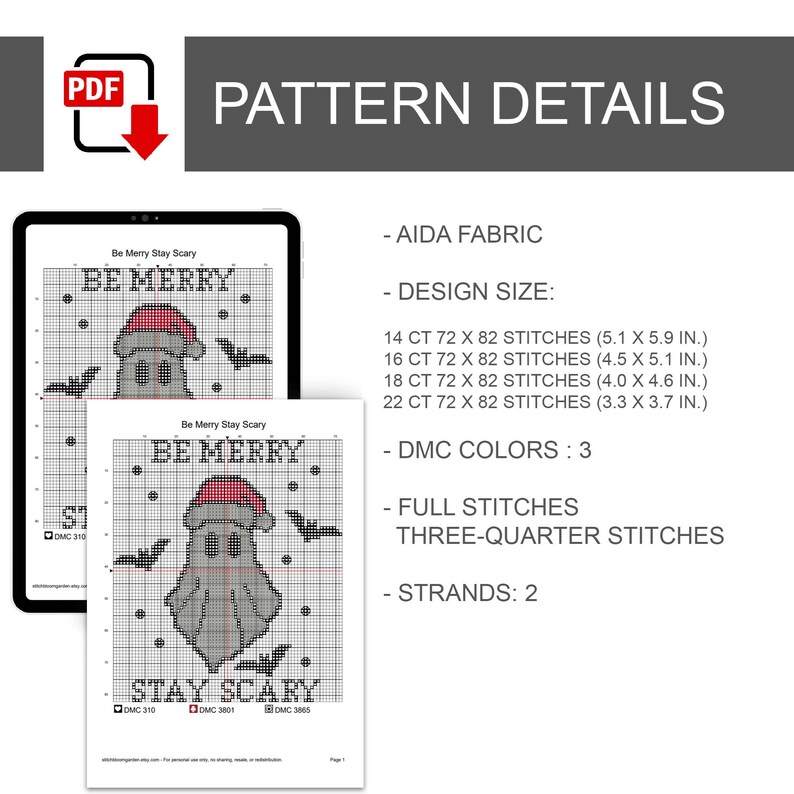 K&ouml;nnte beinhalten: Ein digitales Kreuzstichmuster mit dem Titel Be Merry Stay Scary, das einen Geist mit roter Weihnachtsm&uuml;tze und Flederm&auml;usen zeigt. Das Dokument listet Aida-Stoff, Designgr&ouml;&szlig;en von 13 x 15 cm bis 8,4 x 9,4 cm, 3 DMC-Farben und Sticharten auf.
