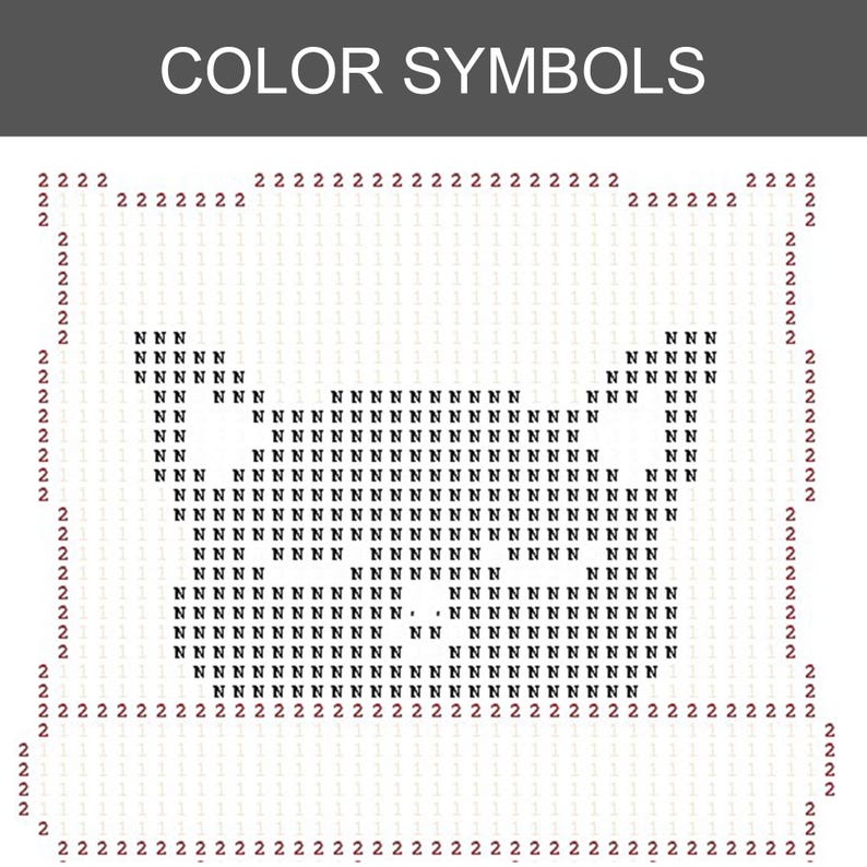 Pode incluir: Um gr&aacute;fico intitulado "COLOR SYMBOLS" exibe uma imagem pixelizada do rosto de um gato. A imagem &eacute; criada usando os n&uacute;meros 1, 2 e a letra N, com um fundo branco e uma borda cinza escuro.