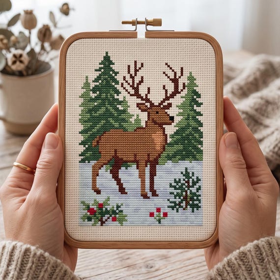 Deer Cross Stitch Pattern PDF, Winter Forest Xstitch, Stag Pine Trees, Woodland Xstitch, Holly Christmas Xstitch