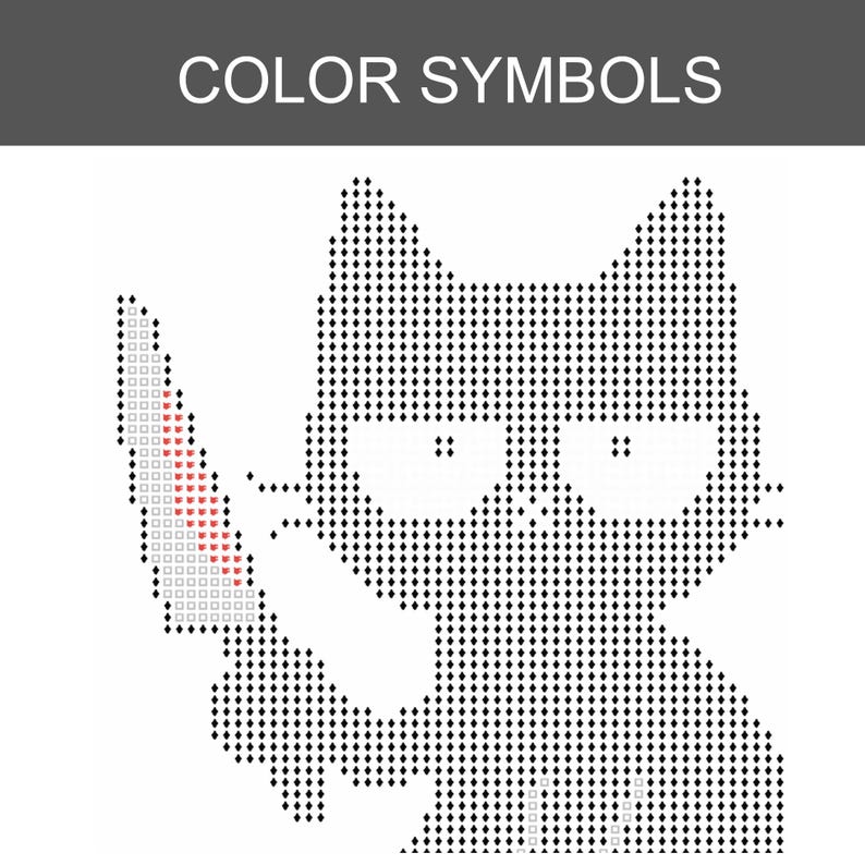 Pu&ograve; includere: Un motivo in pixel art etichettato COLOR SYMBOLS che raffigura una figura simile a un gatto che tiene in mano un coltello. Il design &egrave; composto da simboli neri a forma di diamante che formano il contorno del gatto, con una lama in simboli grigio chiaro e rossi.