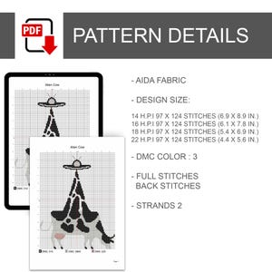 Pode incluir: Um padr&atilde;o digital de ponto cruz intitulado "Alien Cow" com um design de vaca. Os detalhes do padr&atilde;o incluem tecido Aida, tamanhos de design em cm, cor DMC, pontos cheios, pontos de tr&aacute;s e fios. O padr&atilde;o &eacute; exibido em um tablet e uma p&aacute;gina impressa.