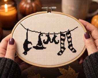 Witch Laundry Cross Stitch Pattern, Halloween Witch Hat Shoes Stockings Clothesline Needlepoint Chart (PDF Download)