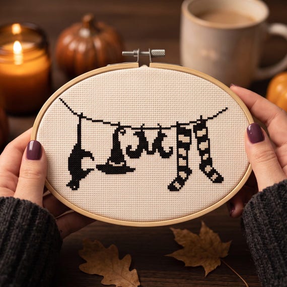 Witch Laundry Cross Stitch Pattern, Halloween Witch Hat Shoes Stockings Clothesline Needlepoint Chart (PDF Download)
