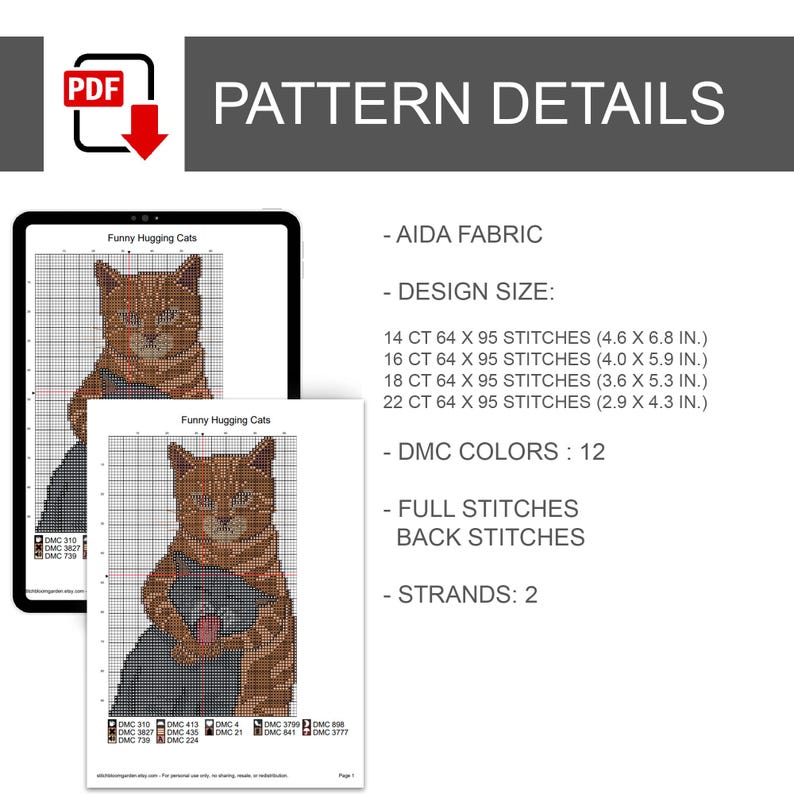 Puede incluir: Un patr&oacute;n de punto de cruz digital titulado Funny Hugging Cats con un gato atigrado naranja abrazando a un gato gris. Los detalles incluyen tela Aida, 12 colores DMC, puntos completos y atr&aacute;s, 2 hebras y tama&ntilde;os para tela de 14, 16, 18 y 22.