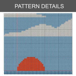 May include: A detailed pattern chart with the text "PATTERN DETAILS" at the top. The chart features a pixelated design with blue, white, orange, and black squares, resembling a sunset over water. The grid is marked with numbers and letters.