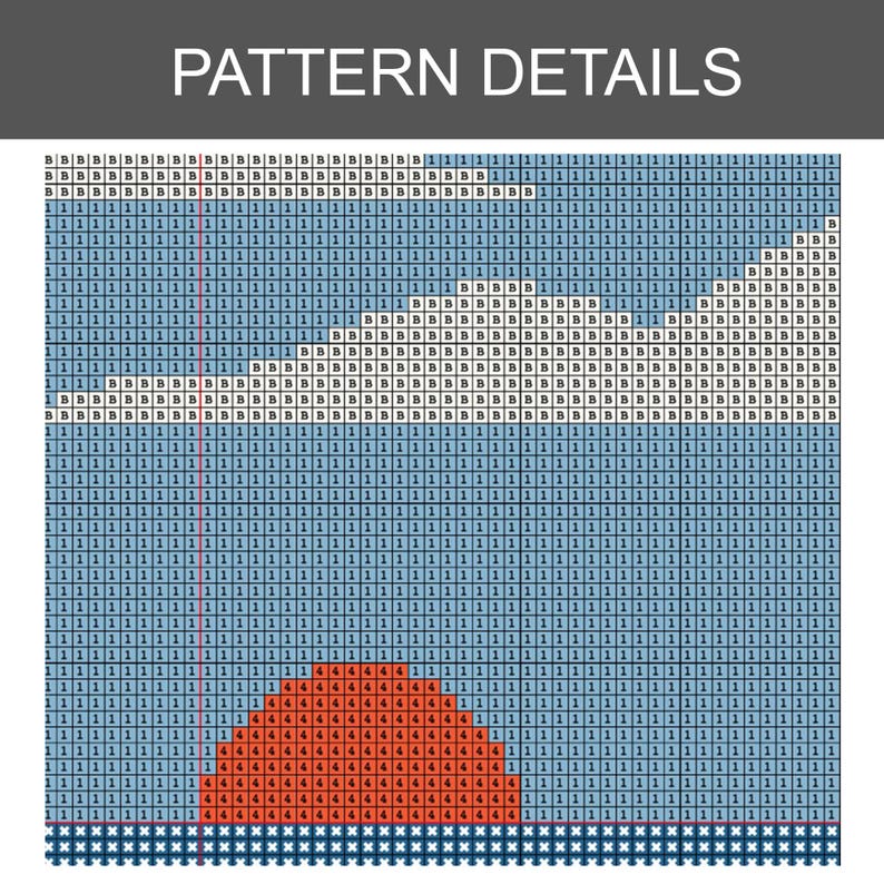 May include: A detailed pattern chart with the text "PATTERN DETAILS" at the top. The chart features a pixelated design with blue, white, orange, and black squares, resembling a sunset over water. The grid is marked with numbers and letters.