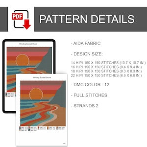 Sunset Landscape Cross Stitch Pattern | Modern Minimal Embroidery PDF image 3