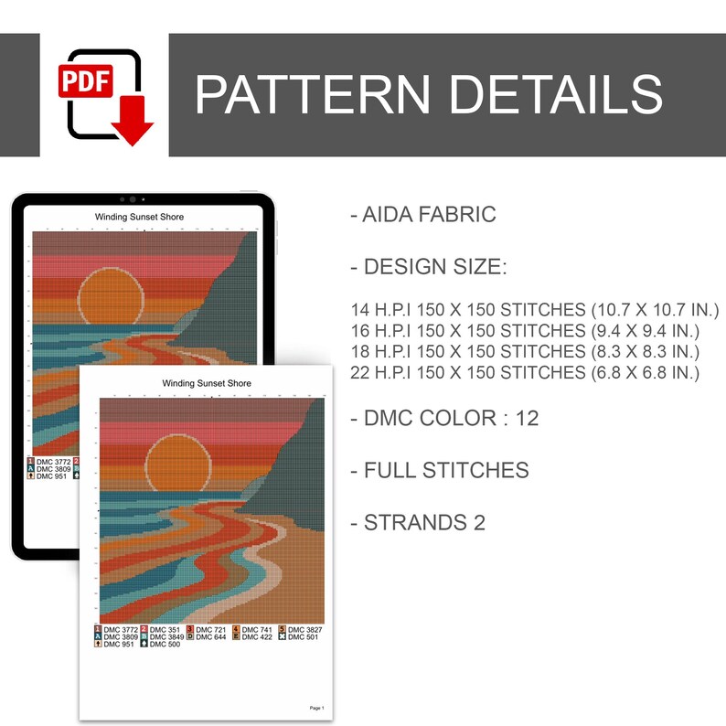 Sunset Landscape Cross Stitch Pattern | Modern Minimal Embroidery PDF image 3
