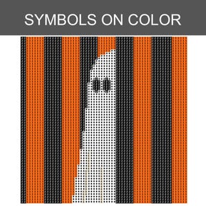 May include: A diamond painting pattern titled SYMBOLS ON COLOR featuring a white ghost shape centred against a background of alternating vertical orange and black stripes. The design is composed of a grid filled with numbers 1, 2, and 8.