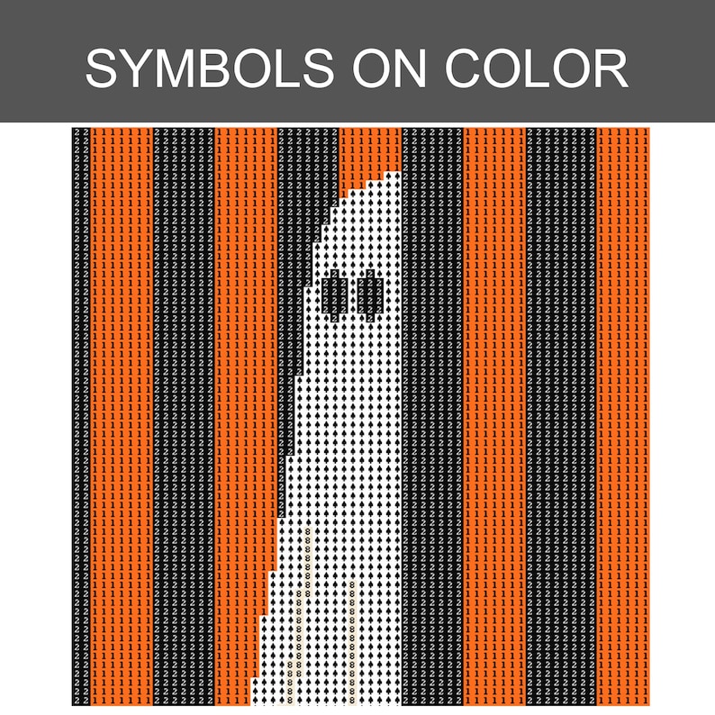 May include: A diamond painting pattern titled SYMBOLS ON COLOR featuring a white ghost shape centred against a background of alternating vertical orange and black stripes. The design is composed of a grid filled with numbers 1, 2, and 8.