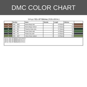 May include: A DMC color chart featuring a table with columns for number, name, strands, length, and stitches. The chart lists six thread colors including mocha beige, pistachio green, forest green, and pewter grey with imperial measurements.