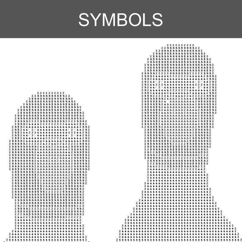 Peut inclure: Une impression graphique intitul&eacute;e SYMBOLS pr&eacute;sentant deux formes verticales compos&eacute;es de caract&egrave;res alphanum&eacute;riques r&eacute;p&eacute;t&eacute;s, incluant les chiffres 2, 4, 5 et les lettres B et A. Les caract&egrave;res noirs forment des silhouettes sur fond blanc.