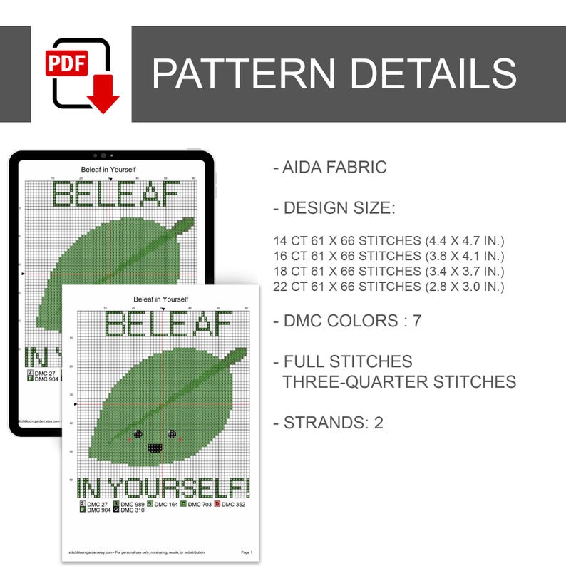 Puede incluir: Un patr&oacute;n de punto de cruz digital titulado Beleaf in Yourself con una hoja verde con cara. Los detalles incluyen 7 colores DMC, 2 hebras, puntos completos y de tres cuartos, y tama&ntilde;os de dise&ntilde;o para tela Aida de 14, 16, 18 y 22 count.