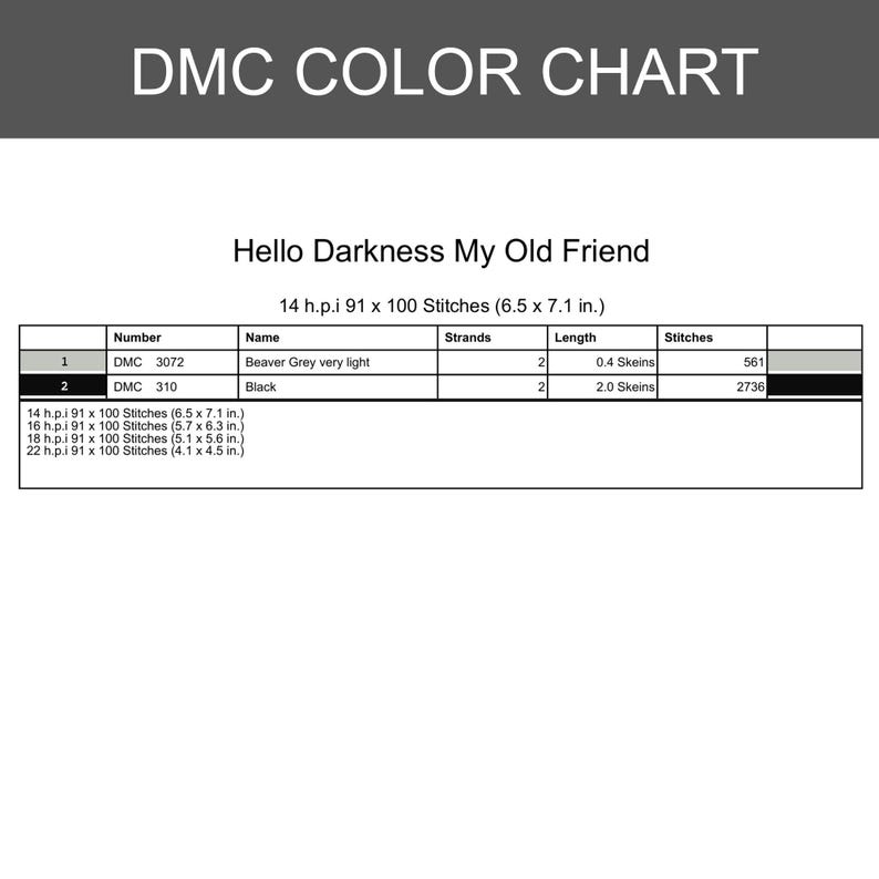 Op de afbeelding: Een DMC-kleurenkaart met de titel Hello Darkness My Old Friend. De tabel bevat DMC 3072 Beaver Grey very light en DMC 310 Black met draadaantallen, 0,4 en 2,0 strenglengtes en steekaantallen voor 14 h.p.i. 91 x 100 steken bij 16,5 x 18,0 cm.