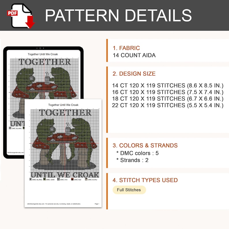 Pu&ograve; includere: Uno schema a punto croce intitolato Together Until We Croak con due rane verdi sedute su funghi a un tavolo con tazze. Il documento elenca tela Aida 14 count, dimensioni del disegno da 21,8x21,6 cm a 14,0x13,7 cm e 5 colori DMC.