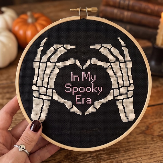 Skeleton Hands Heart Cross Stitch Pattern, Spooky Halloween Needlepoint Chart (Instant Download)