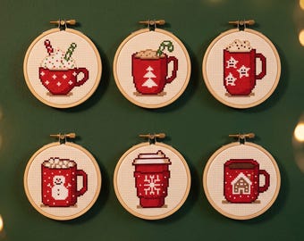 Weihnachtstassen-Kreuzstichmuster (PDF), Heiße-Schokolade-Muster, Gemütliche Winterküchendekoration, Sofortiger digitaler Download