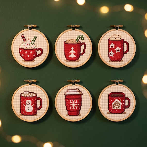 Christmas Mugs Cross Stitch Pattern PDF, Hot Cocoa Sampler, Cozy Winter Kitchen Decor, Instant Digital Download