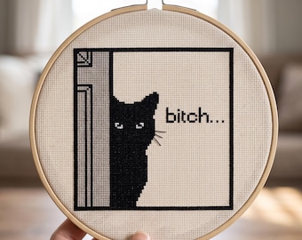 Funny Black Cat Peeking Cross Stitch Pattern,  Sassy Cat Judgemental Needlepoint Chart (Instant Download)