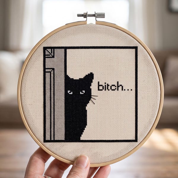 Funny Black Cat Peeking Cross Stitch Pattern PDF, Sassy Judgemental Cat, Snarky Halloween Needlepoint