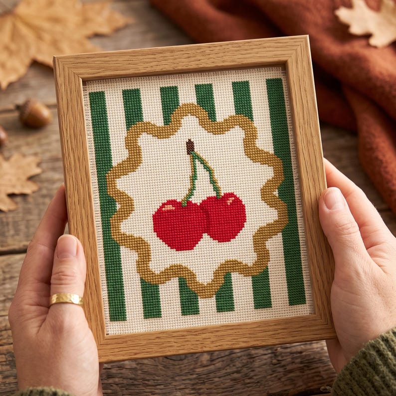 May include: A framed cross-stitch embroidery featuring two bright red cherries with green stems centred on a cream-coloured background. The design is framed by a scalloped gold border and set against a backdrop of vertical dark green stripes.
