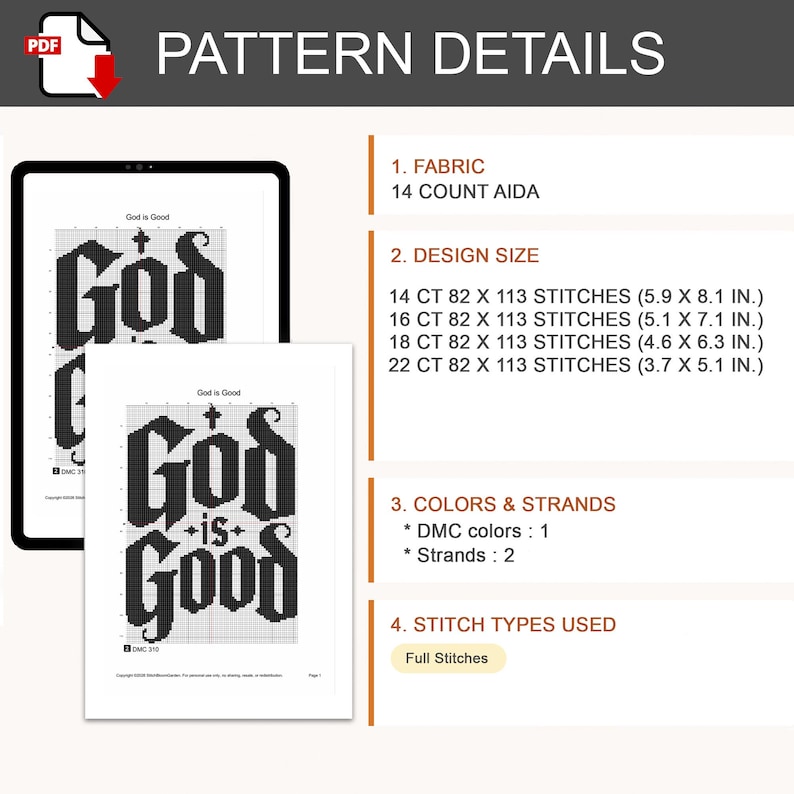 Puede incluir: Un documento de patr&oacute;n de punto de cruz digital titulado God is Good, con un dise&ntilde;o de texto negro sobre una cuadr&iacute;cula blanca. El documento enumera tela Aida de 14 count, tama&ntilde;os de 15,0 x 20,6 cm a 9,4 x 13,0 cm, un color DMC y puntos completos.
