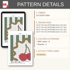 May include: A digital cross-stitch pattern titled Cherry, displayed on a tablet and a printed sheet. It features a grid with green stripes and red cherries. Details include 14 count Aida fabric, design sizes from 14.2 x 16.5 cm to 9.1 x 10.4 cm, 8 DMC colours, 2 strands, and full stitches.