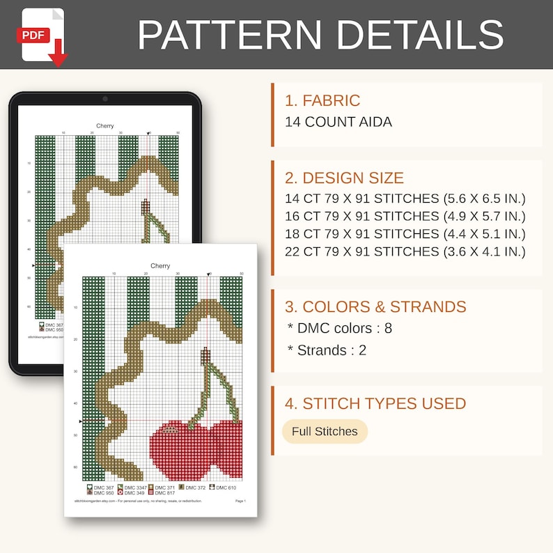 May include: A digital cross-stitch pattern titled Cherry, displayed on a tablet and a printed sheet. It features a grid with green stripes and red cherries. Details include 14 count Aida fabric, design sizes from 14.2 x 16.5 cm to 9.1 x 10.4 cm, 8 DMC colours, 2 strands, and full stitches.