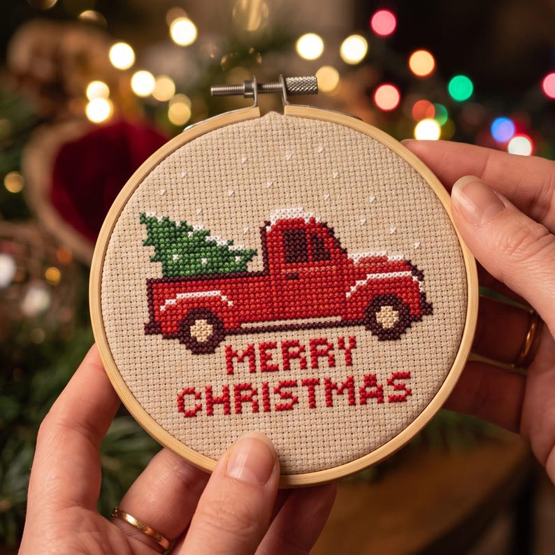 May include: A circular wooden embroidery hoop containing a cross-stitch design on beige fabric. The design features a red pickup truck carrying a green Christmas tree, with white snow accents and the red text MERRY CHRISTMAS below the truck.