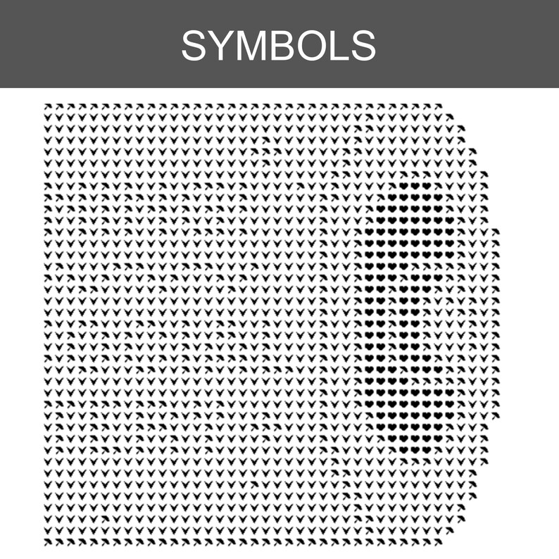May include: A grid of black symbols on a white background with the word SYMBOLS in white text on a dark gray header. The grid consists of repeating arrow icons, with a section of heart icons forming a subtle, darker shape within the pattern.