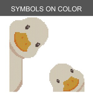 K&ouml;nnte beinhalten: Ein Kreuzstichmuster mit der &Uuml;berschrift SYMBOLS ON COLOR, das zwei G&auml;nsek&ouml;pfe zeigt. Das Design besteht aus einem Raster kleiner Quadrate, die jeweils eine Zahl oder ein Symbol f&uuml;r die Garnfarbe enthalten, mit orangefarbenen Schn&auml;beln und schwarzen Augen.