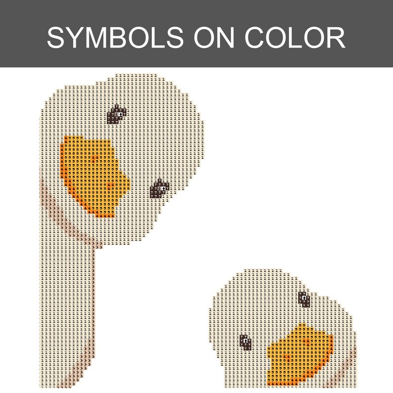 K&ouml;nnte beinhalten: Ein Kreuzstichmuster mit der &Uuml;berschrift SYMBOLS ON COLOR, das zwei G&auml;nsek&ouml;pfe zeigt. Das Design besteht aus einem Raster kleiner Quadrate, die jeweils eine Zahl oder ein Symbol f&uuml;r die Garnfarbe enthalten, mit orangefarbenen Schn&auml;beln und schwarzen Augen.